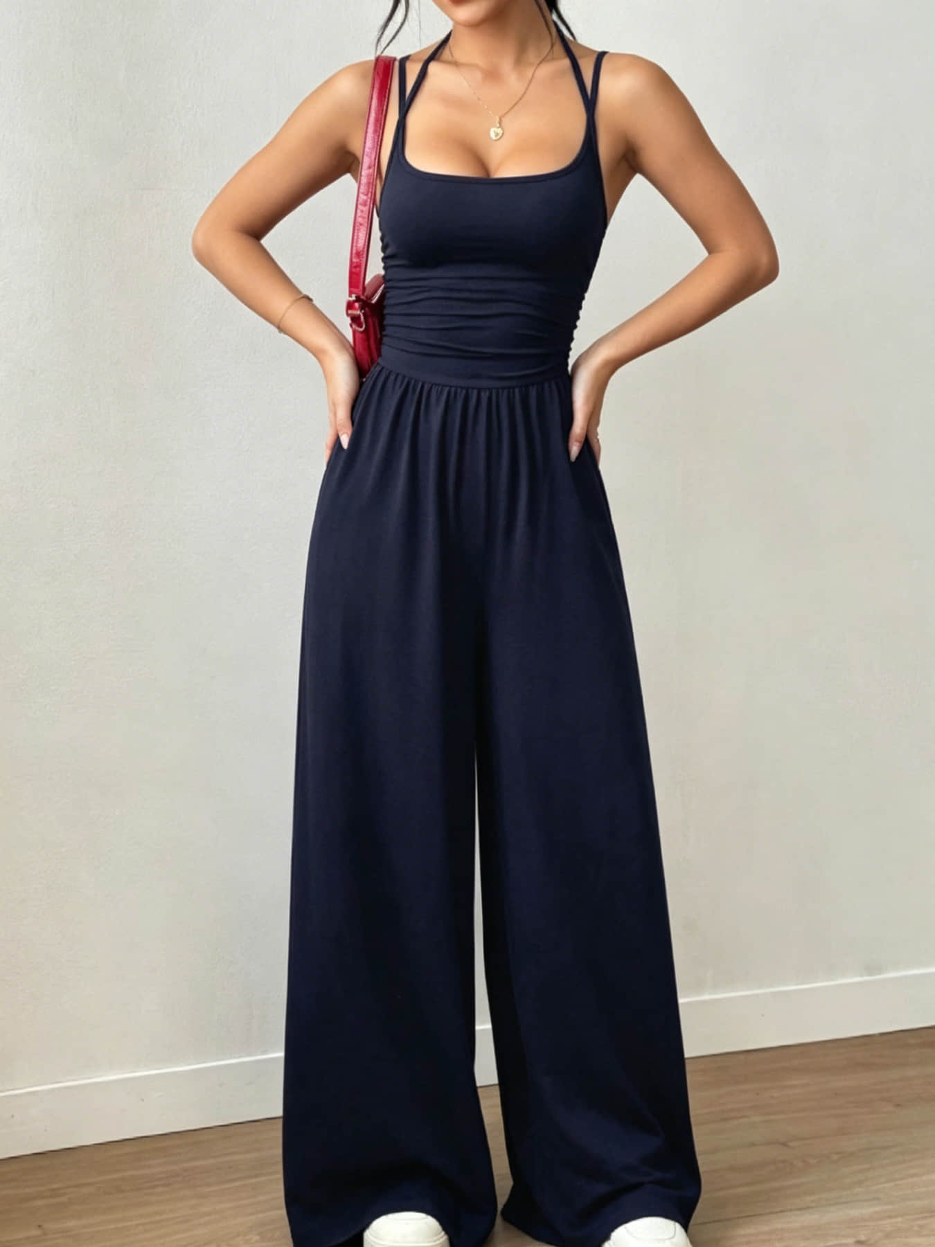 Summer New Fashion Women's Wear Design Double Fine Shoulder Strap One-Piece Wide Leg, Pleated Waist Design, Suitable for Commuting, Daily Wear, Vacation, Home, and Outdoor Adventures