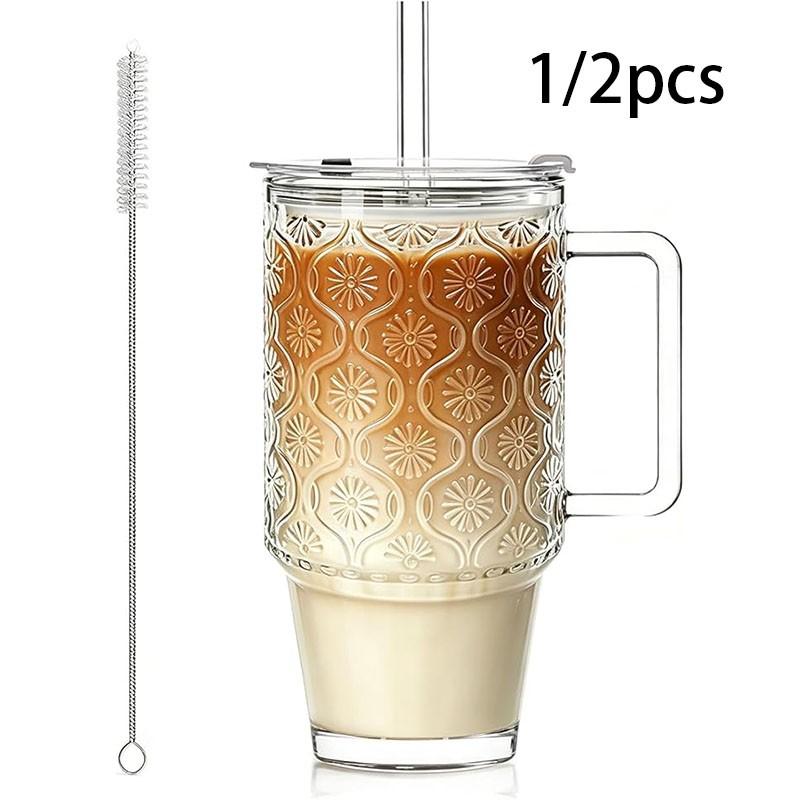 24oz Screw Top Glass Cup with Lid and Straw, Handle Water Bottle, Ice Coffee Mug, Reusable Transparent Drinkware for Smoothies and Beverages, Tumbler with Straw, Clear Water Bottle with Straw, Drink Container