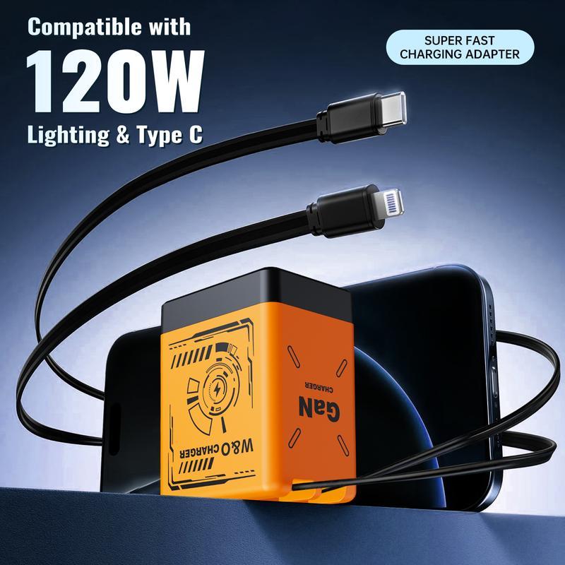 GaN Charger Compatible with 120W Fast Charger with Retractable Type-C and ligting Cable,Portable Adapter for iPhone 16, iPad, MacBook,  Multi-Device Fast Charging, Folding Charing Cellphone Electronic