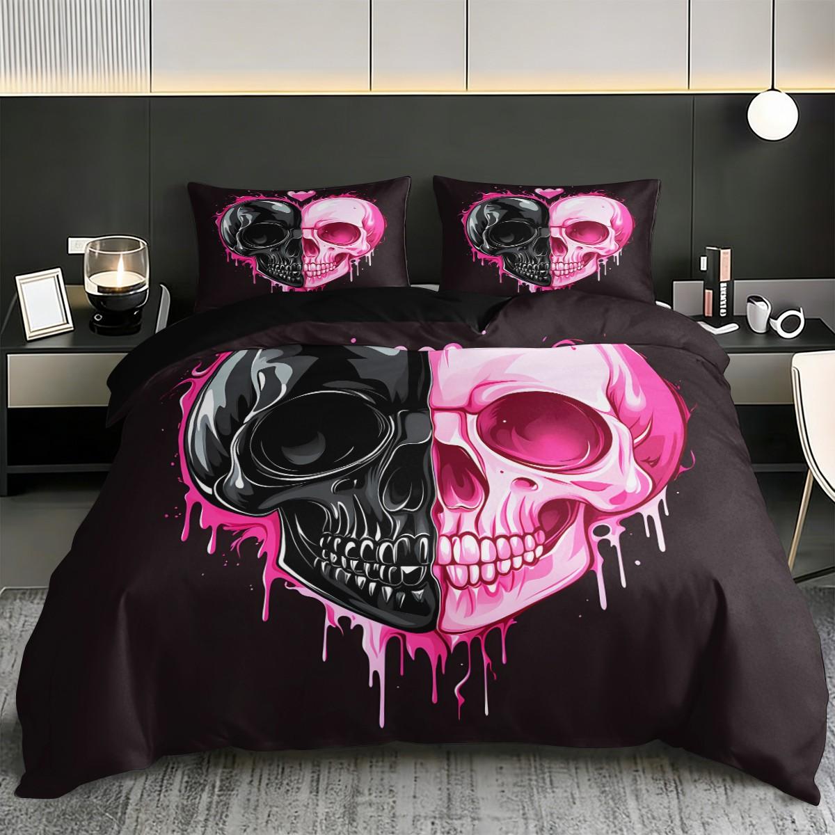 3pc Black and pink patchwork skull bedding Set, Decorative bedding set, including 1 duvet cover and 2 pillowcases, suitable for single and double beds, with multiple sizes available, ideal for bedrooms, dormitories, hotel apartments