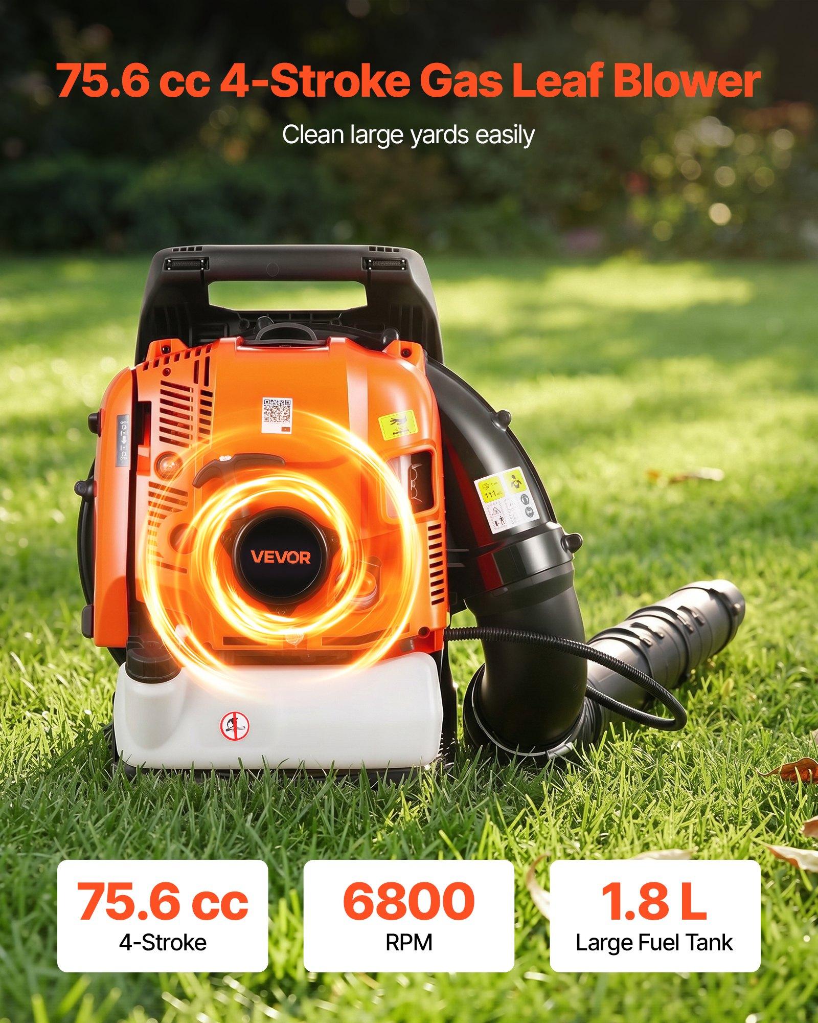VEVOR Backpack Leaf Blower, 75.6CC 4-Stroke Engine Gas Powered Leaf Blower with 1.8L Fuel Tank, 615 CFM Air Volume, 179 MPH Air Speed, Ideal for Lawn Care, Leaves Cleaning, Yard Debris & Snow Removal