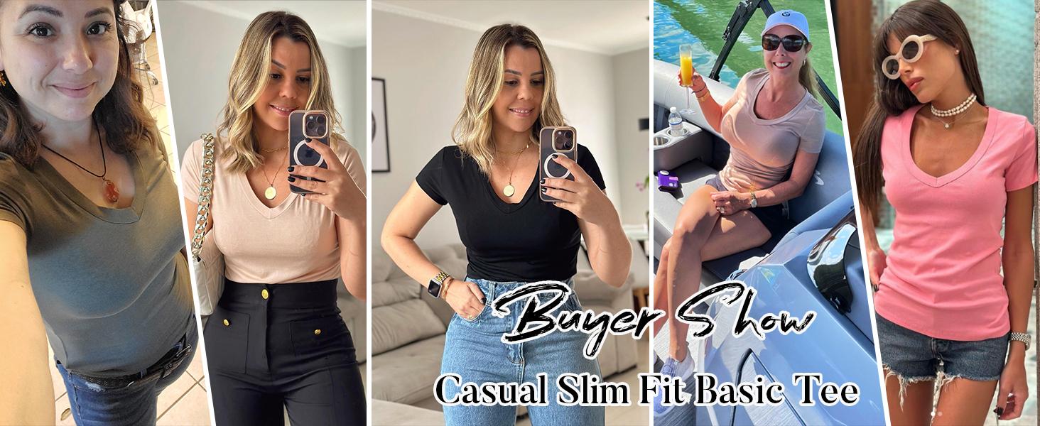 Beotyshow Womens Summer Sexy Short Sleeve Tshirt Tops Deep V Neck Shirts Casual Slim Fit Basic T-Shirt Tee