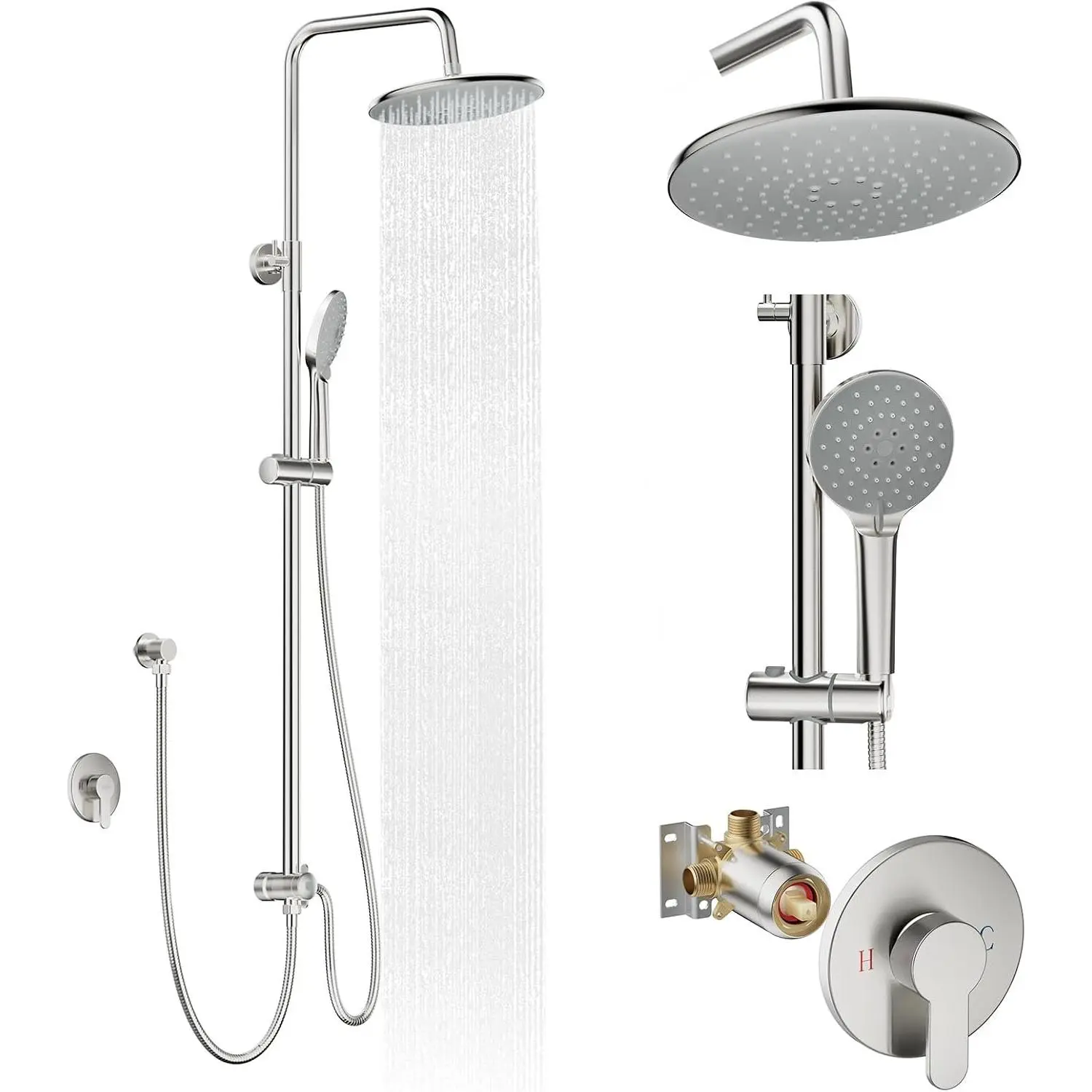 Shower System with 10 Inch Rain Shower  and Handheld Sprayer, 3-Function Wall Mounted Bathroom Shower Faucet Set Height Adjustable Holder, Shower Trim Kit Valve Included, Brushed Nickel