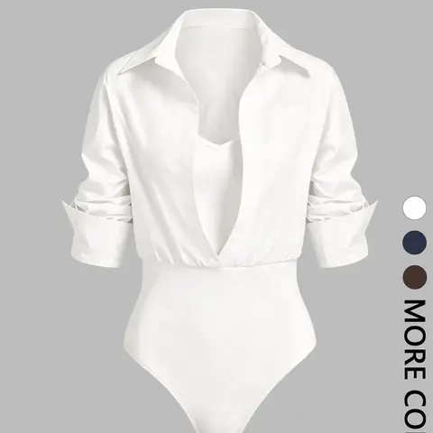 Women's Collared Deep V-Neck Shirt Bodysuit, Long Sleeve Turn-Down Collar Wrap Front Bodysuit Top, Elegant Slim Fit Layered Look Blouse Bodysuit, Versatile Daily Commute Office Outfit Bodysuit, Bodysuit Cut