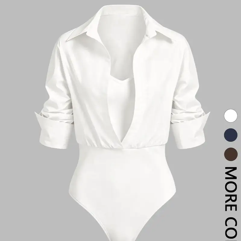 Women's Collared Deep V-Neck Shirt Bodysuit, Long Sleeve Turn-Down Collar Wrap Front Bodysuit Top, Elegant Slim Fit Layered Look Blouse Bodysuit, Versatile Daily Commute Office Outfit Bodysuit, Bodysuit Cut