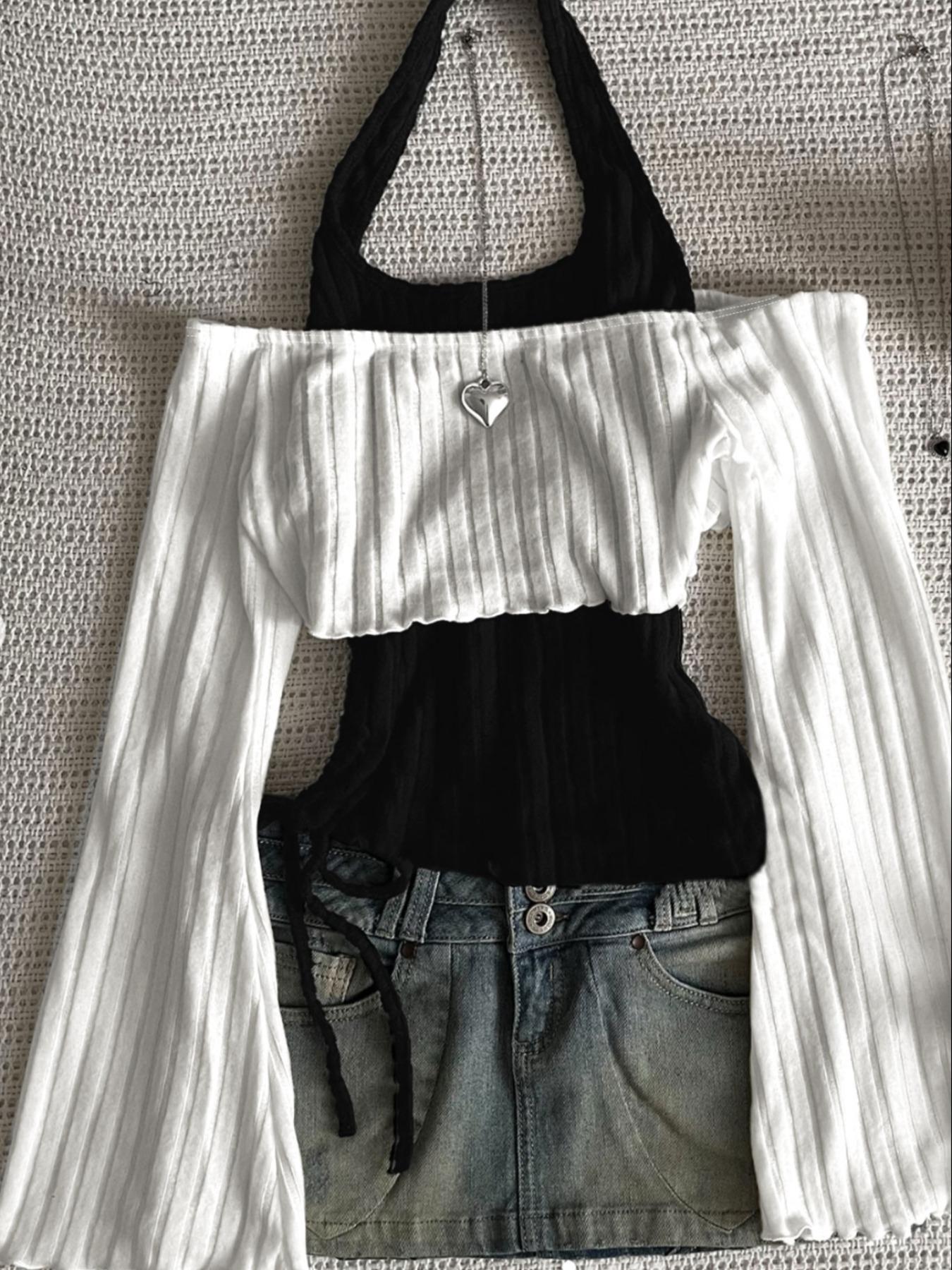 2PCS Fashion casual Fitted women's contrasting neck hanging solid color top two-piece set