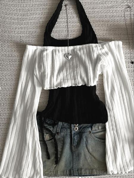 2PCS Fashion casual women's contrasting neck hanging solid color top two-piece set