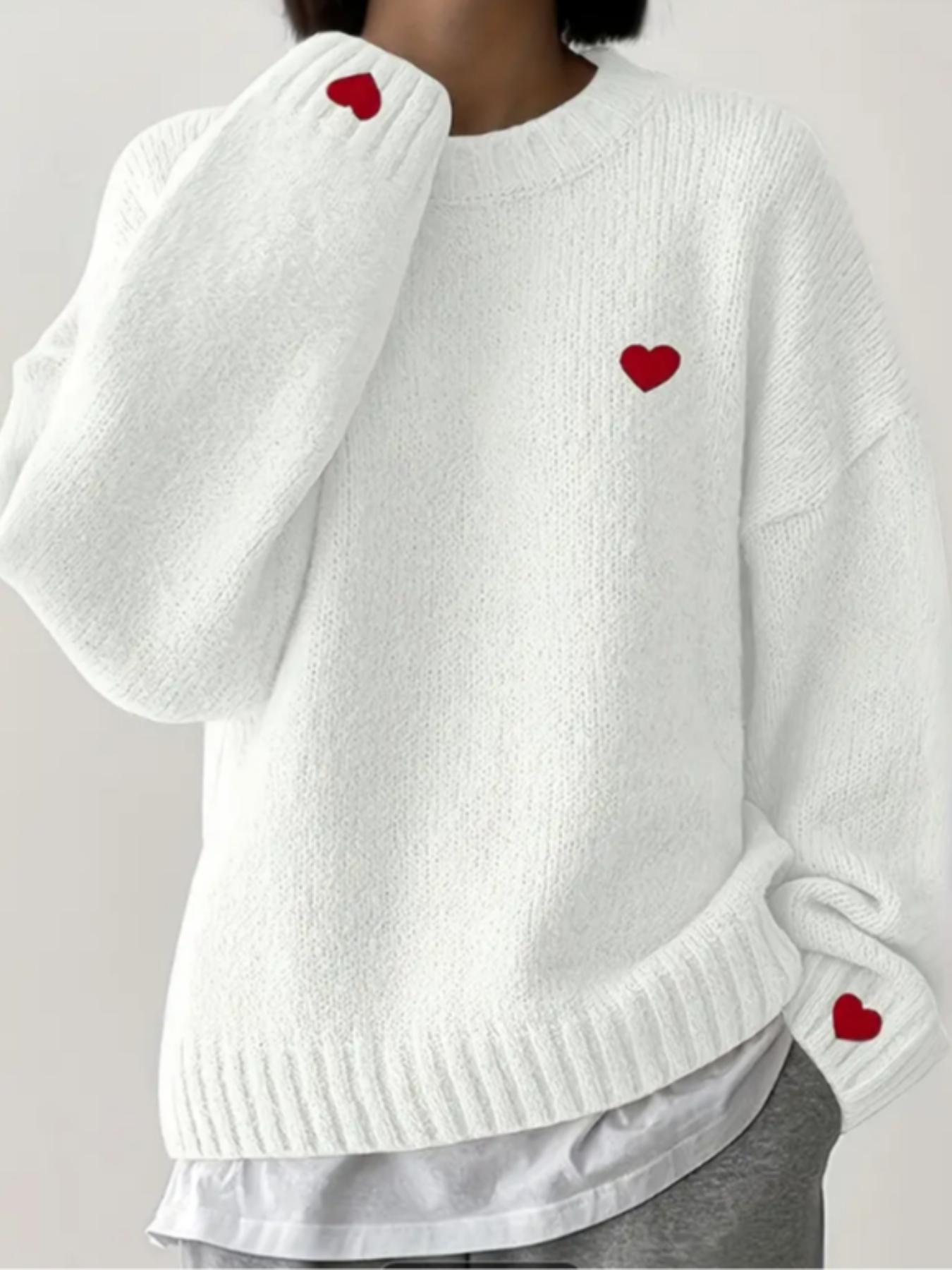 Women's Winter New Fashion Sweater, Embroidered Heart Knitwear, Elegant Casual Woolen Pullover, Loose Long Sleeve Top, Embroidery