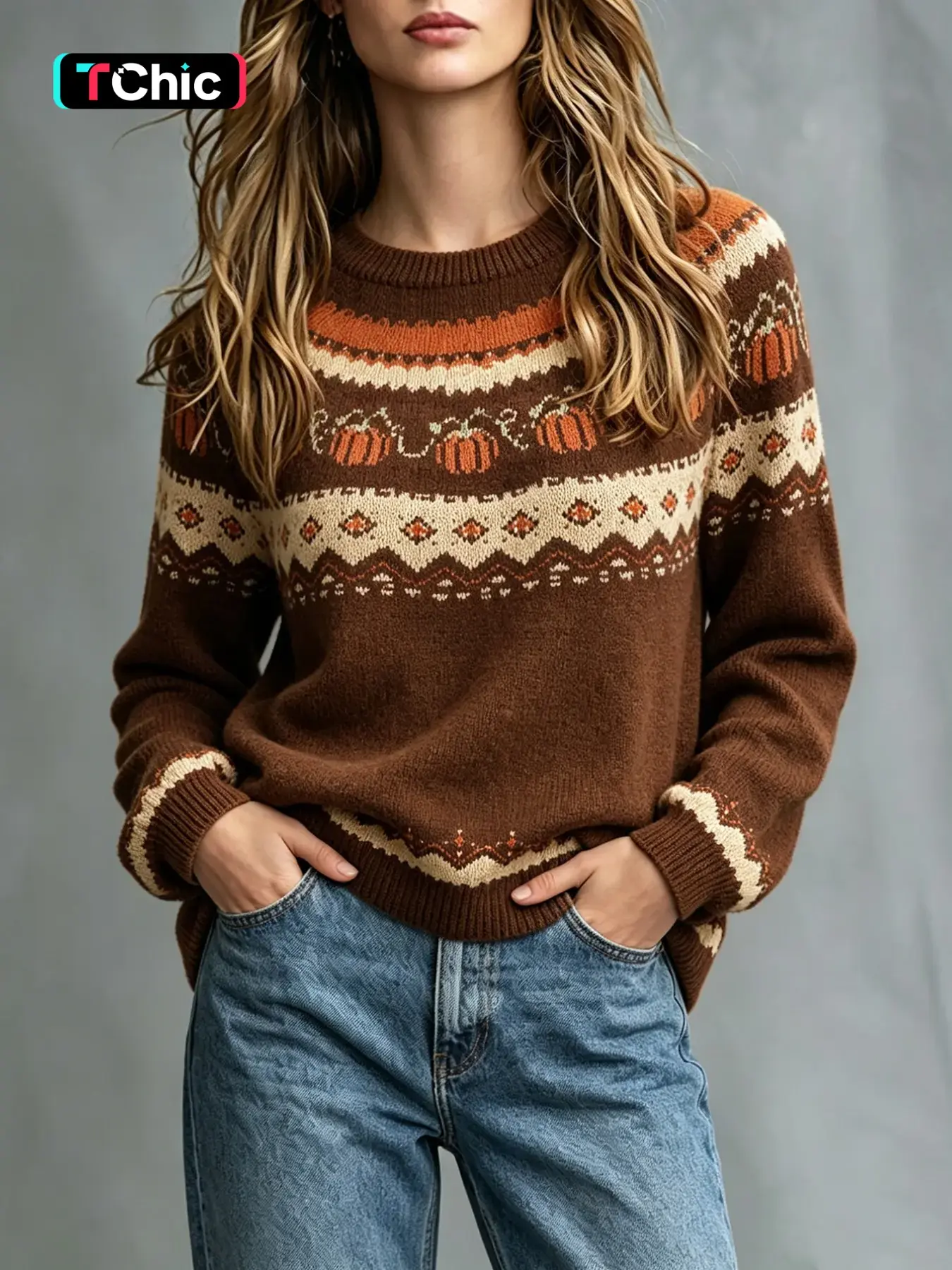 Women's Round Neck Jacquard Pullover Sweater, Long Sleeves, Halloween Pumpkin Pattern, Regular Fit, Fall & Winter Casual Festive Knitwear for Daily and Party Wear