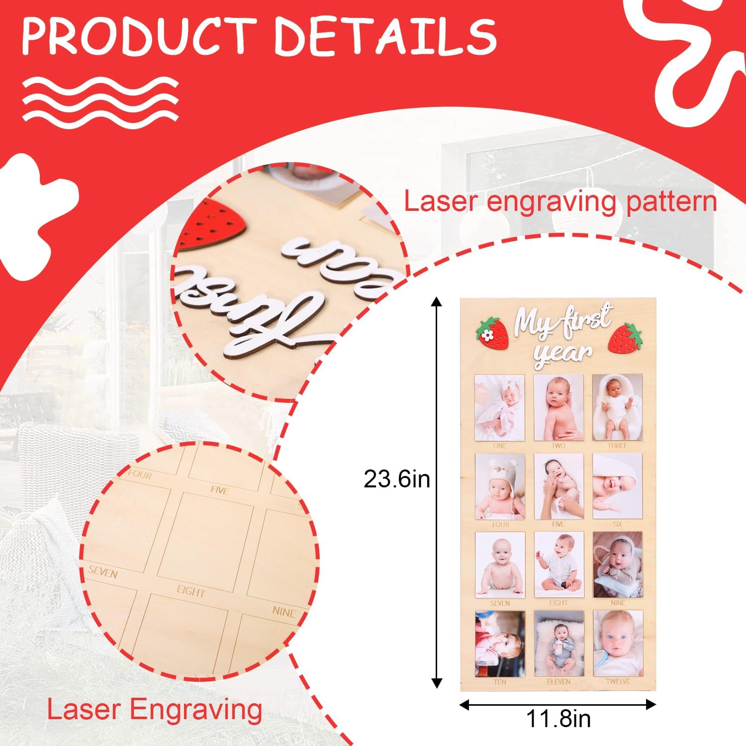 Berry First Year Wooden Photo Board - Strawberry Birthday Party Decorations, 12 Monthly Milestone Picture Frame, Strawberry  Year Wooden Sign