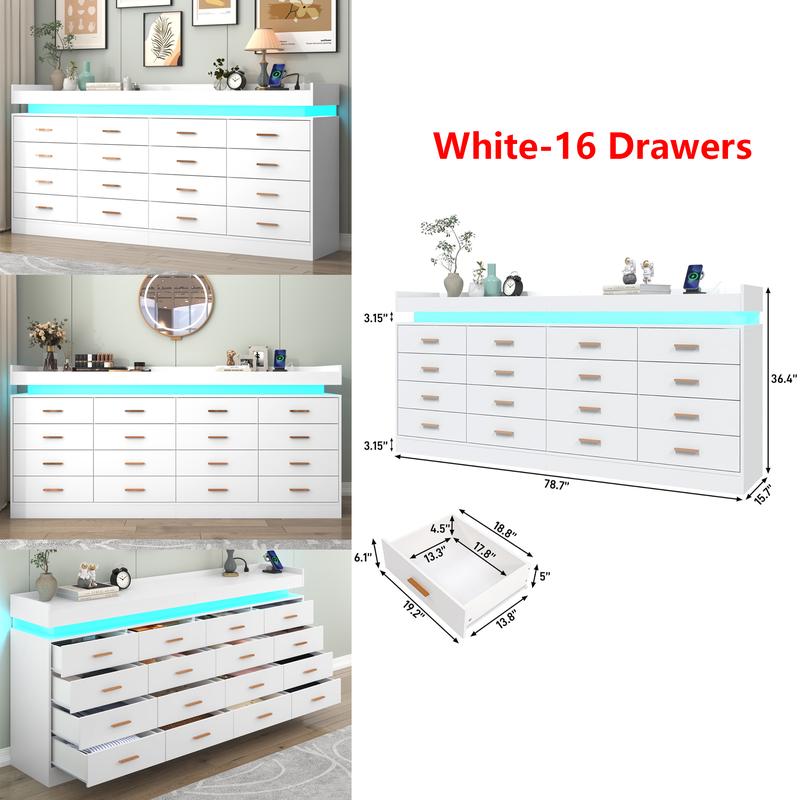 Dresser with LED Light and Charging Station, Modern Chest of Drawers for Closet, Wide Drawer Organizer Cabinet for Bedroom, Living Room, Entryway, Hallway