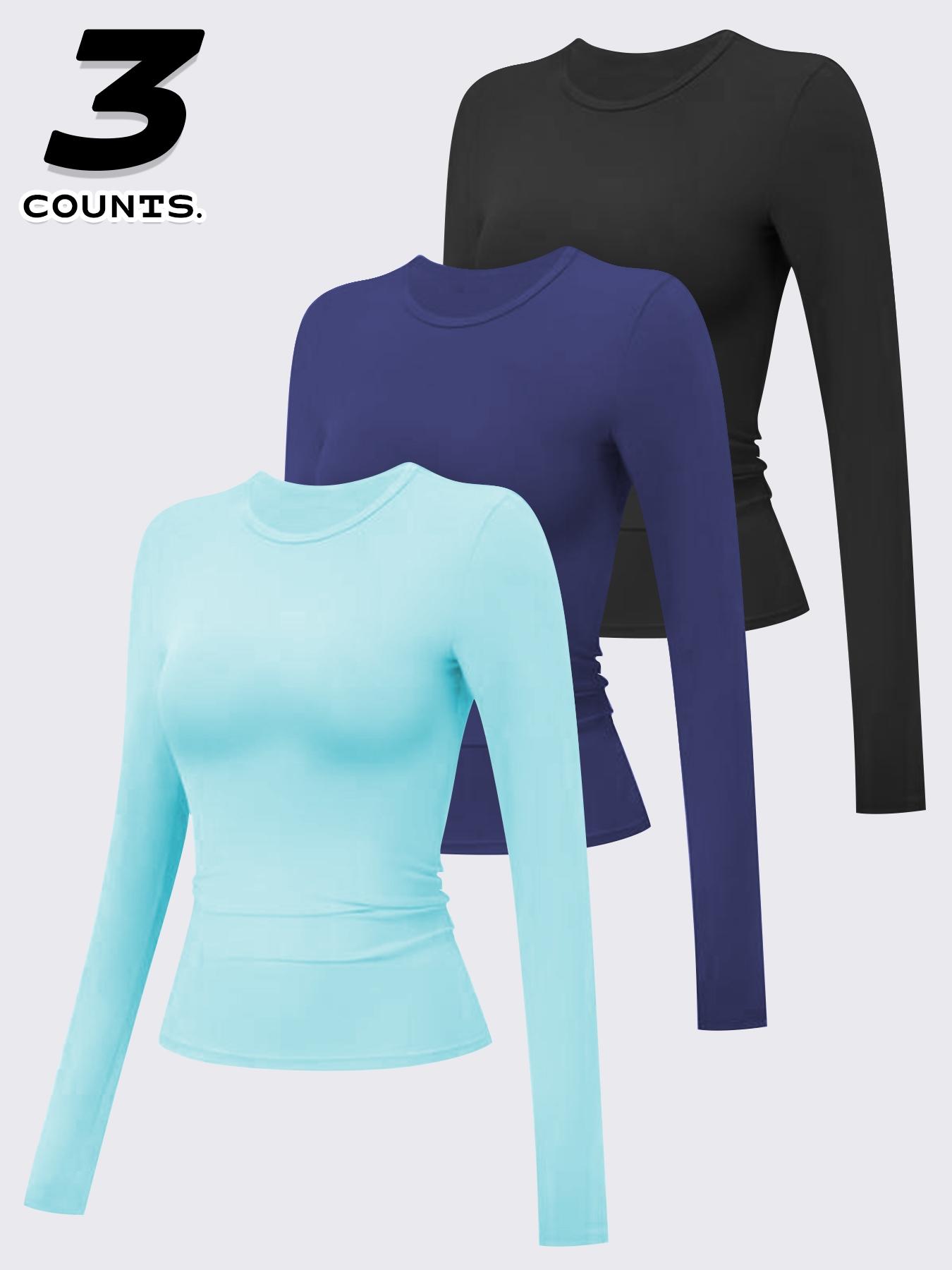 3 pcs Women's Compression Training Long Sleeve Shirts, Fitted Round Neck Yoga Tops, Moisture-Wicking Sportswear for All Seasons, Compression Activewear