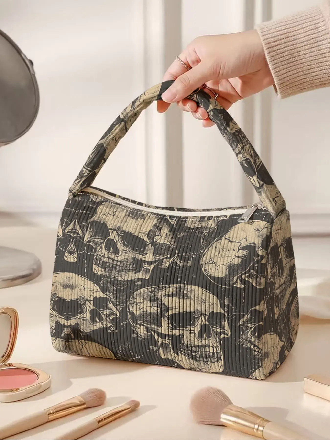 1pc, makeup bag Skull personalized 2D printed pattern Linen fabric handbag for makeup, featuring practical large capacity and carrying design, suitable for all daily occasions.