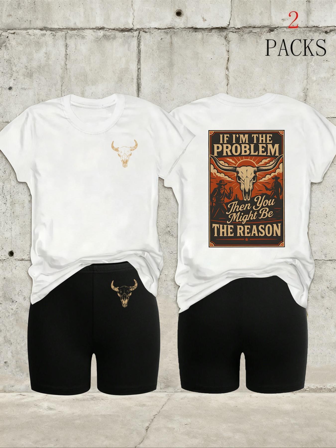 Women's 2-Pack Western Bull Print Short Sleeve T-Shirt & Camo Shorts Set, Soft Casual Fabric, Daily Streetwear Loungewear, Black Beige Pink White Purple Red Multi-Color Options