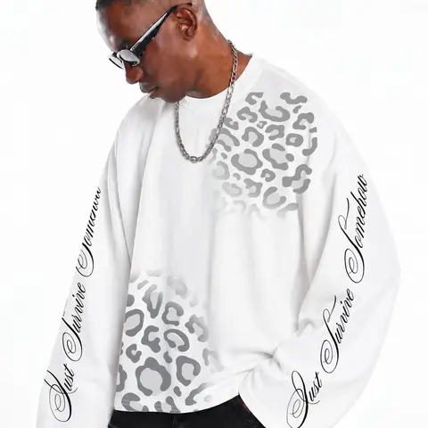 Men's White Waffle‑Knit Long‑Sleeve T‑Shirt, Textured Knit Tops, Lightweight Breathable Textured Base Layer With Cursive Letter Print On Sleeves