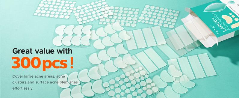 TKTK  Large Pimple Patches for Face(Strip, Contoured, Dot 5 Sizes 300 Count) , Acne Patches 60 x 20 mm, XL Hydrocolloid Bandages for Forehead,Chin,Full Face,Back,Neck and Body Skincare,acne clearing products,pimple patch,TikTokShopLaborDaySale