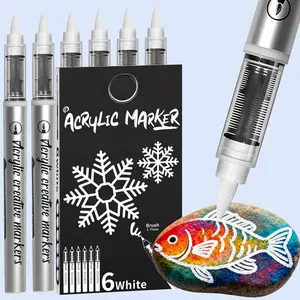 White  Pen, 6 Pack White  Markers with Brush Tip, Automatic Ink Flow, Opaque White  Markers for Rock Painting, Black Paper, , Glass, Plastic, Ceramic, Fabric