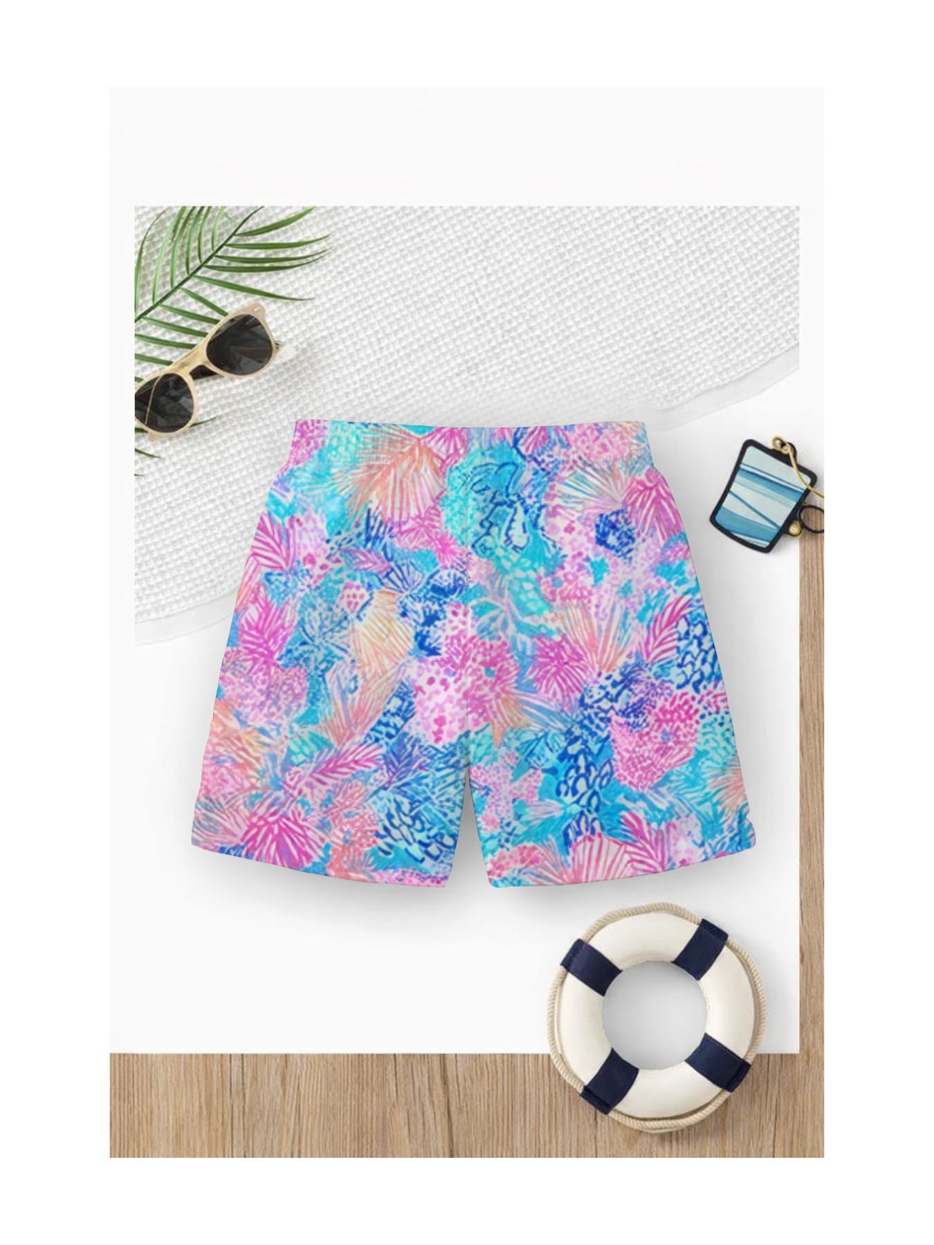 Summer Kids Dreamy Blue Tropical Plant Print Drawstring Beach Pants, Boys Loose Fit Coastal Vacation Swim Shorts, Casual Slim-Fitting Style