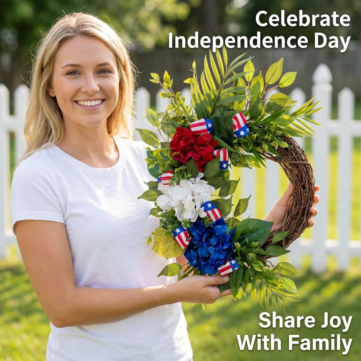 Patriotic Theme Artificial Hydrangea Woven Garland, Blue Hydrangeas with American Flag Design, Rural Cottage Style, Outdoor Decor