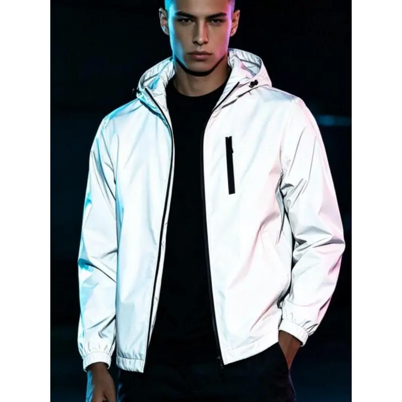 NELEUS Men’s Full-Zip Reflective Hooded Jacket - Smooth, Loose, Elastic Outdoor Windbreaker with Stand Collar, Color-Block Design, Zip-Up Pockets, Sleeves, Night High-Visibility, Lightweight Casual Sports Outerwear