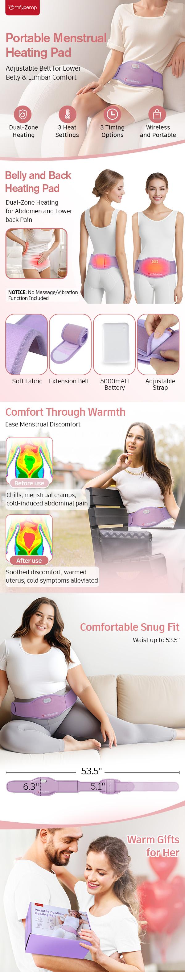 Menstrual Heating Pad  Uterus Warmer Belt, Relief Waist Cramps and back pain with Dual-Zone heating, 3 Timer 3 Heat, Winter & New Year Gift, StockingFillers, Valentine's Day Gift