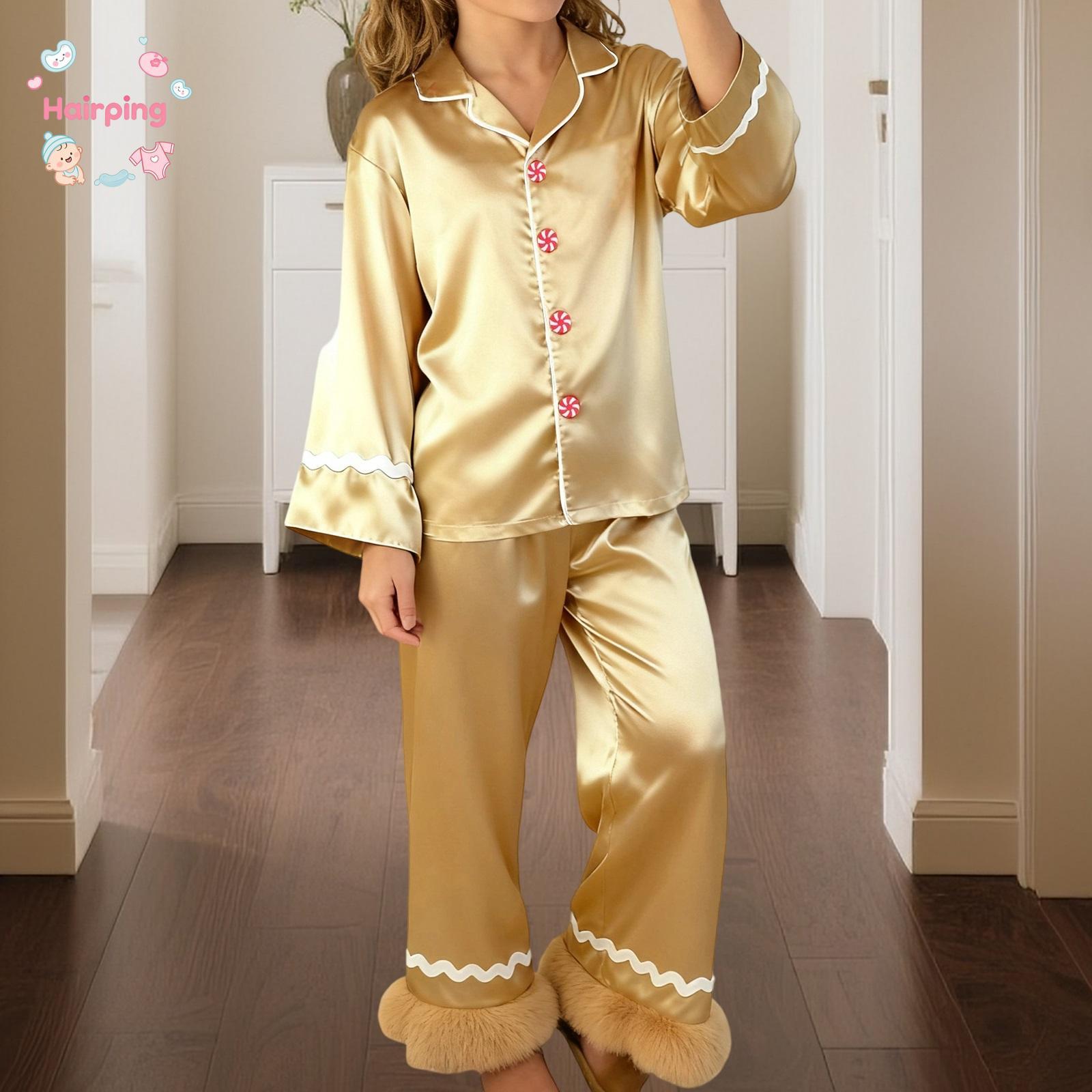 Mommy and Me Matching 2-Piece Satin Pajama Set, Polyester Clothes with Long Sleeves, Button-Down Lapel Tops & Pants, Gingerbread Man Christmas Family Gift Set for Baby & Maternity, Matching Set