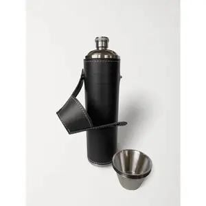 12oz Black Flask with 4 Shot Glasses in Cap – Stainless Steel with Waterproof Leather Case, Leakproof, Reusable, Travel