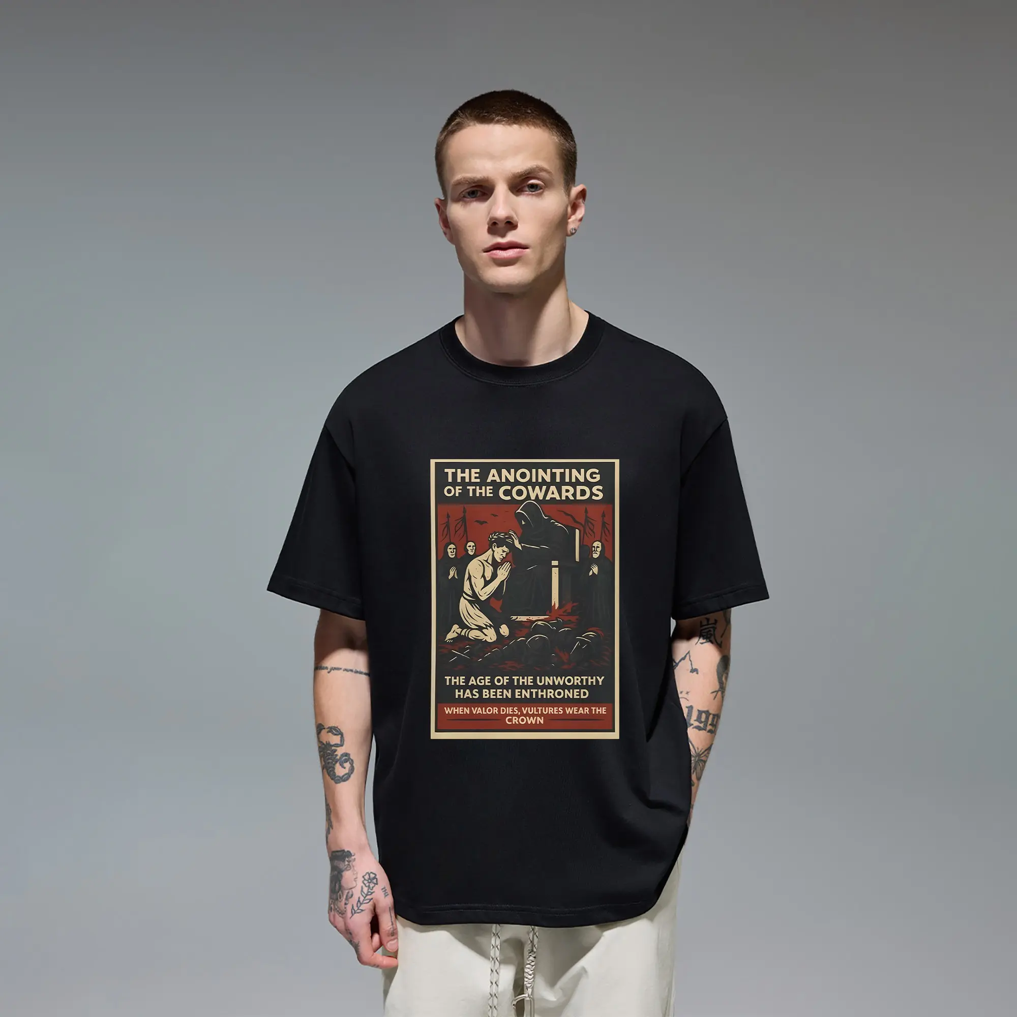 Dark Fantasy Epic When Valor Dies Vultures Wear The Crown Political Satire Original Oversized Cotton Graphic Tee T-Shirt for Men Gift Cutting Ideas Medieval Goth Art Edgy Alternative Aesthetic Heavy Metal Rock Fan Anti Vibe Casual Everyday Wear Top