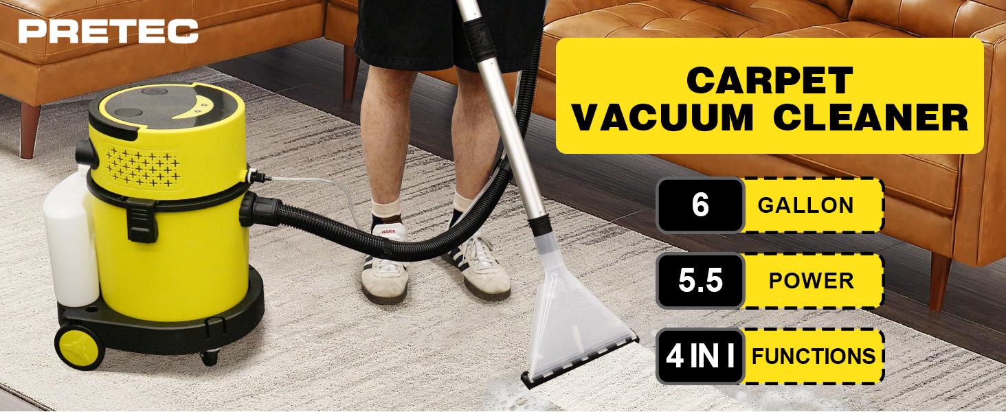 PRETEC 6 Gallon Wet & Dry Vacuum Cleaner – 20 kPa Powerful Suction, 5-in-1 Multi-Purpose Cleaner with 15 ft Cord, Quiet 80 dB Operation – Ideal for Dog Hair, Garage, Home & Car