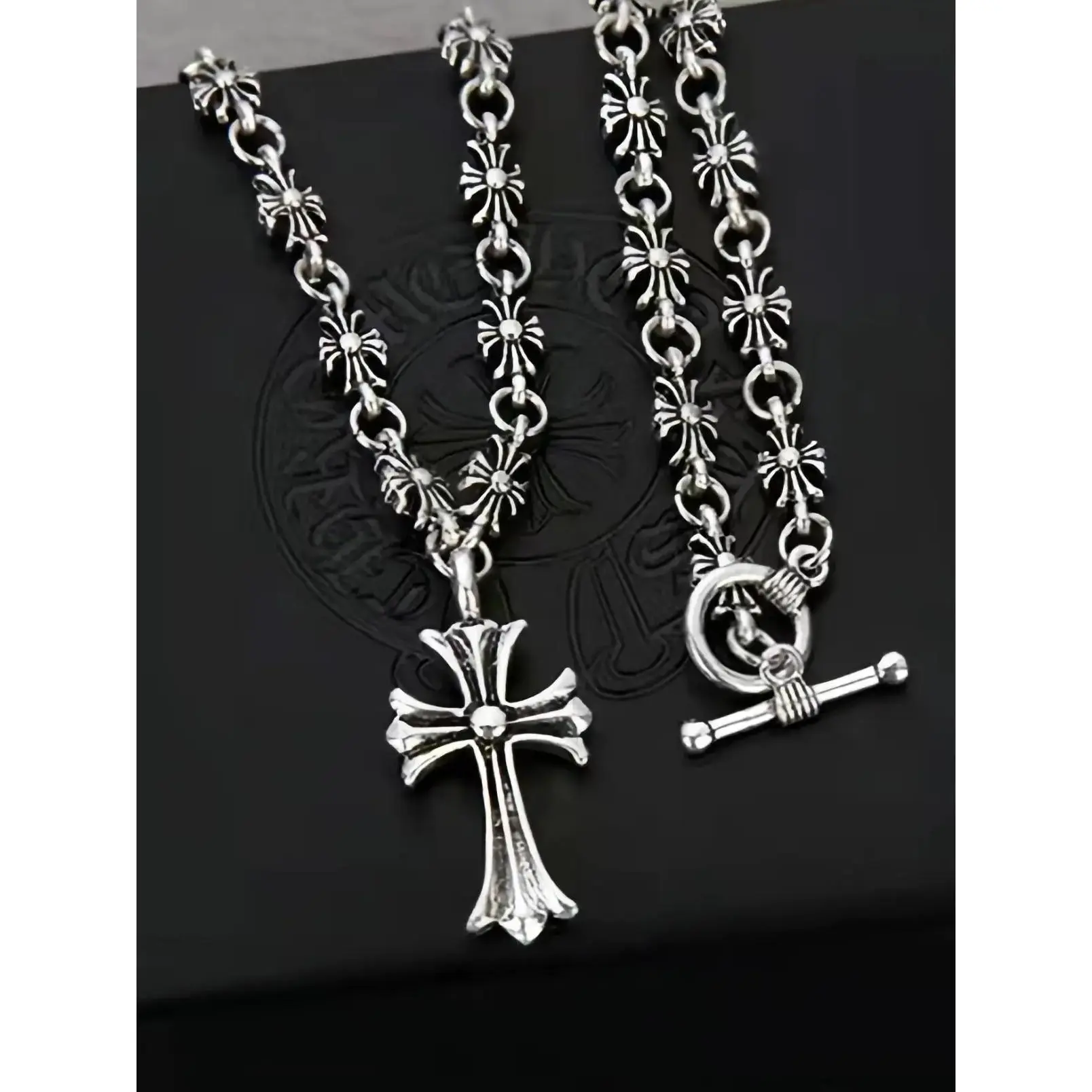 Vintage Silver Cross Pendant Necklace Unisex, Gothic Flower Chain Choker Necklace, Punk Y2K Jewelry
