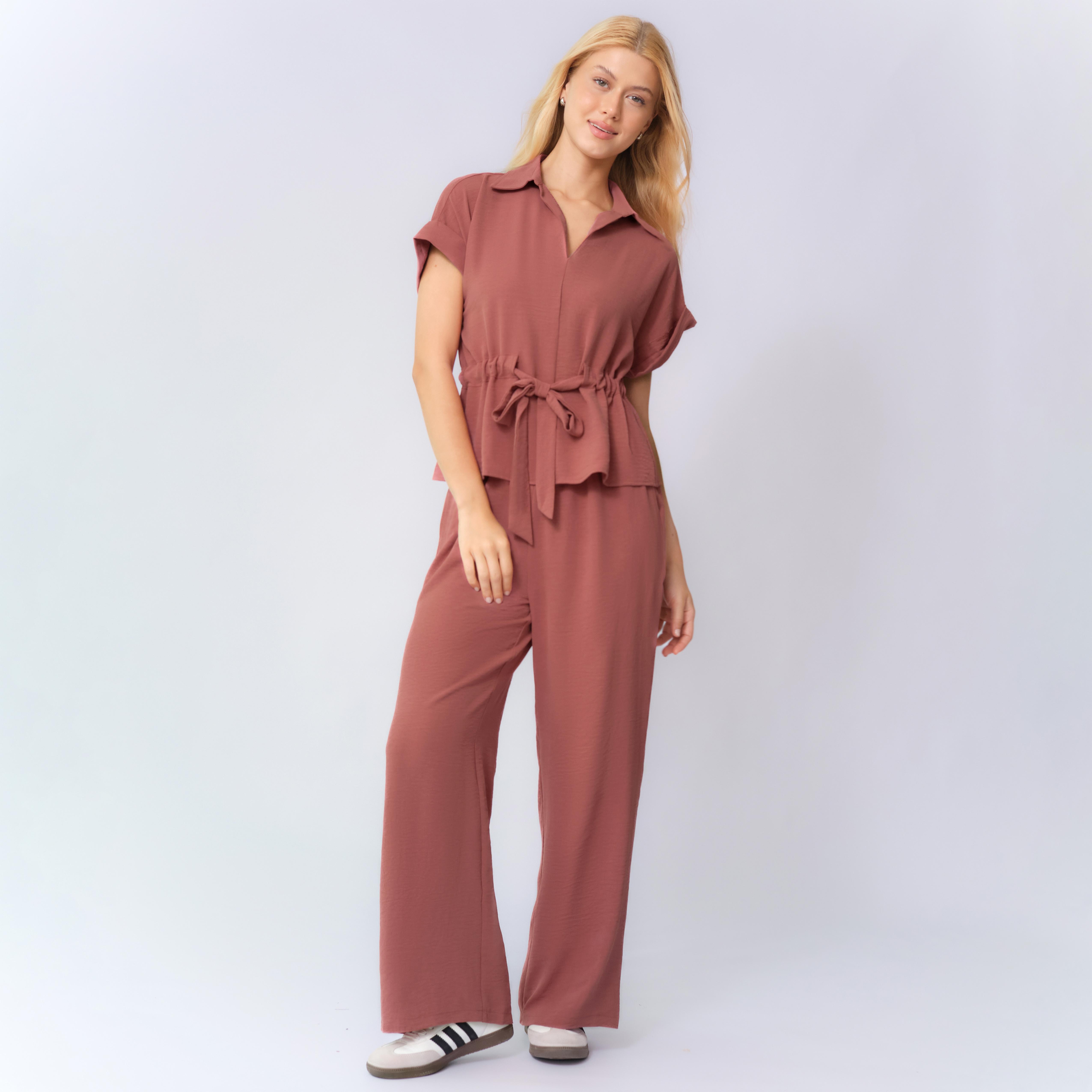 Two-Piece Set Women's Solid Versatile Minimalist Collared Top & Wide Leg Trousers, Casual Rolled-Up Short Sleeve Top & Pants for Daily Wear, Ladies Clothes for All Seasons, Suits