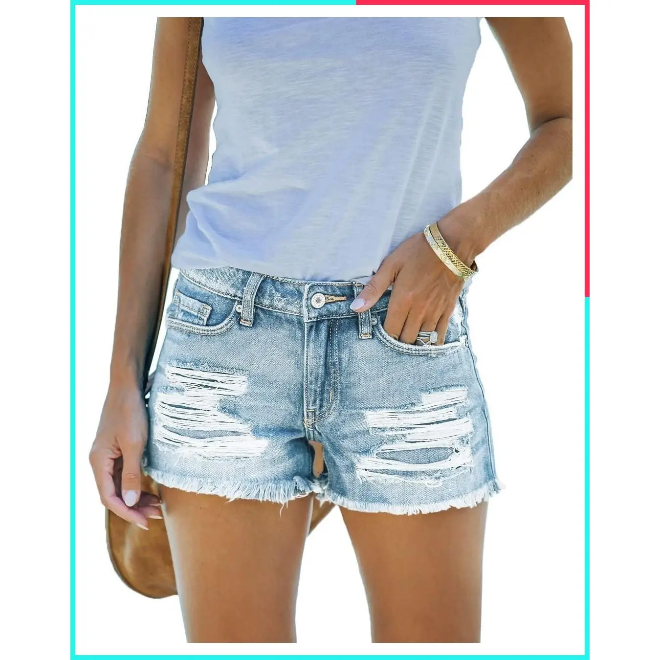 Women's Low Rise Ripped Stretch Denim Jean Shorts with 3" Inseam, Distressed Frayed Hem, Summer Casual Shorts