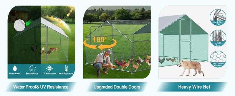 Chicken Coop Large Metal Chicken Run for 6/10 Chickens Poultry Cage with Waterproof Cover for Duck Walk-in Chicken Pen for Yard