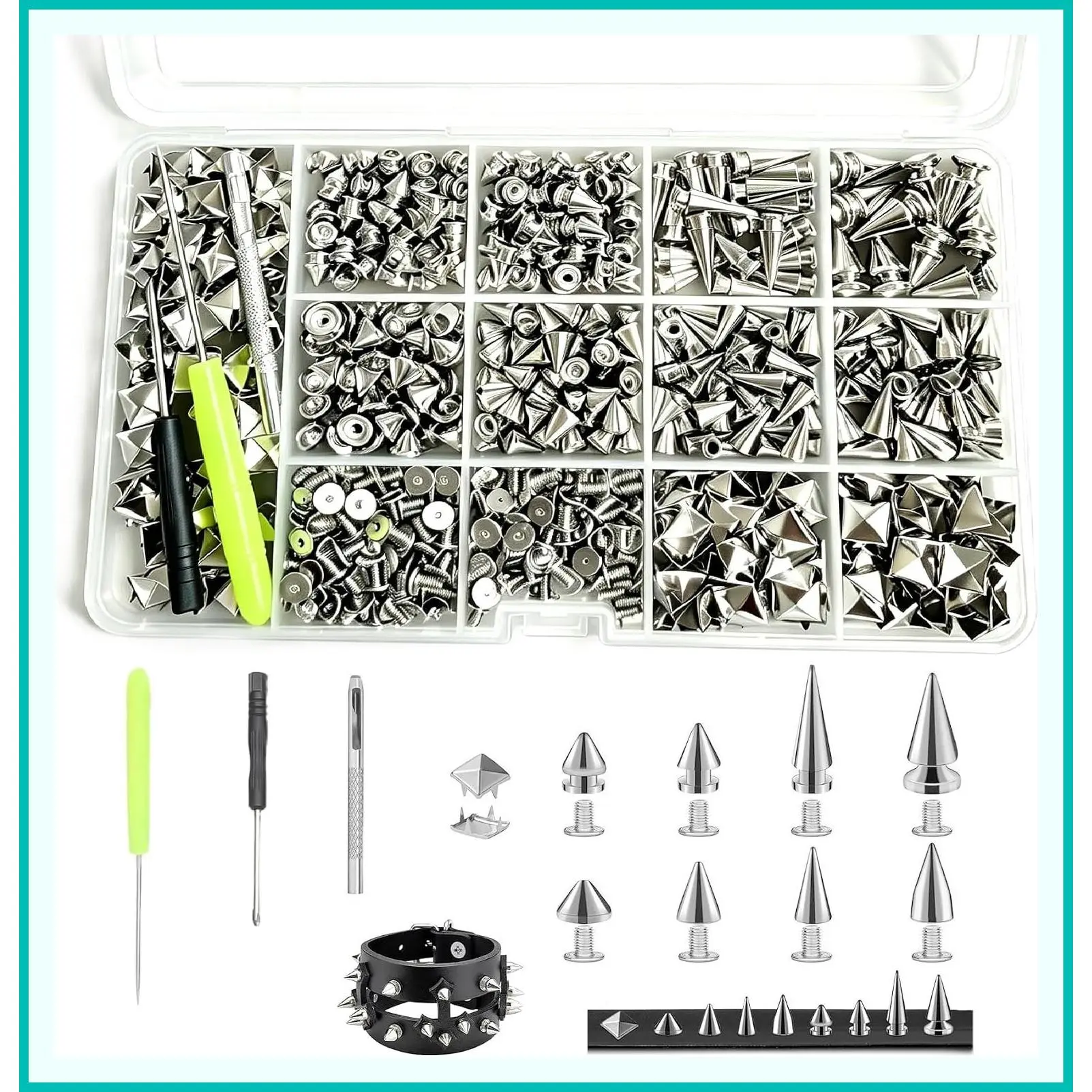 600 Pcs Studs and Spikes Kit, Punk Cone Studs for Clothing, 8 Sizes Metal Pyramid Studs with Tools, DIY Accessories for Leather Fabric Belts Shoes CapsGift