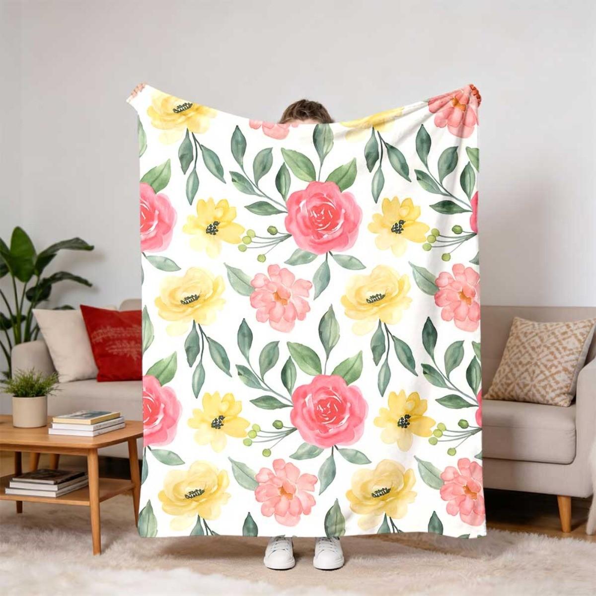 1 Piece Stylish Spring Floral Soft Blanket, All-Season Sofa Leisure Throw Blanket