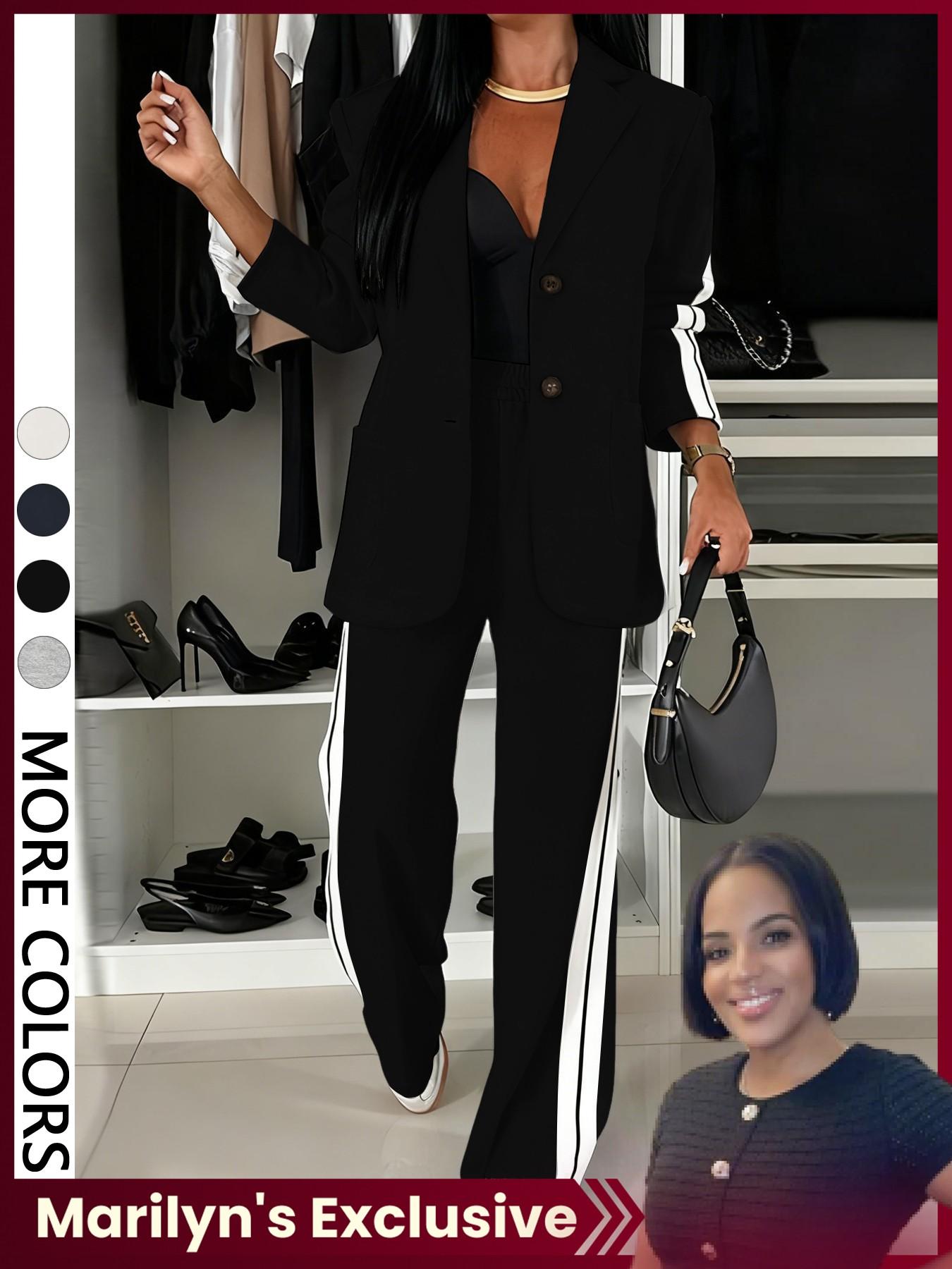 【Marilyn's Exclusive】Valentine's Day Women's Striped Print Blazer Jacket & Wide Leg Pants Set, Casual Fitted Suit for All Seasons, Stylish Ladies' Clothing Ensemble