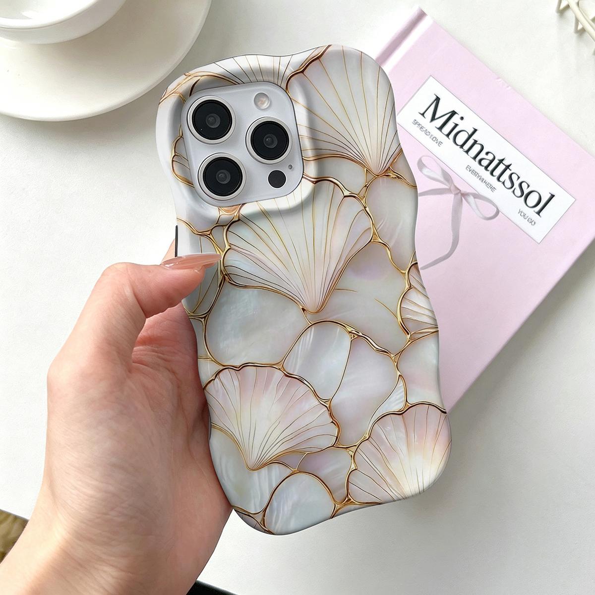 Shockproof Protective Smartphone Case for 6.1-6.7" Phones, Dual PC+TPU Blend with 2D Pearl Shell Ginkgo Leaf Golden Line Print, Marble Design, Camera Cover, Wavy Curved Raised Edges, Glossy Finish, Non-Slip, Easy Installation, Aesthetic Boost