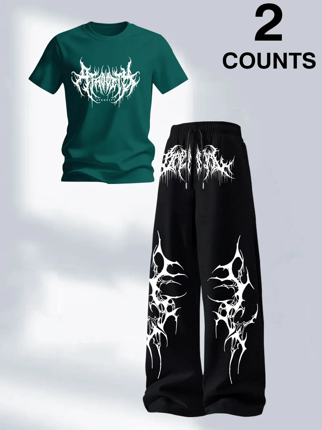 Men's Two-Piece Fashion Casual Set, Gothic Round Neck T-Shirt and Drawstring Wide Leg Pants, Summer Home, Versatile T-Shirt and Long Pants