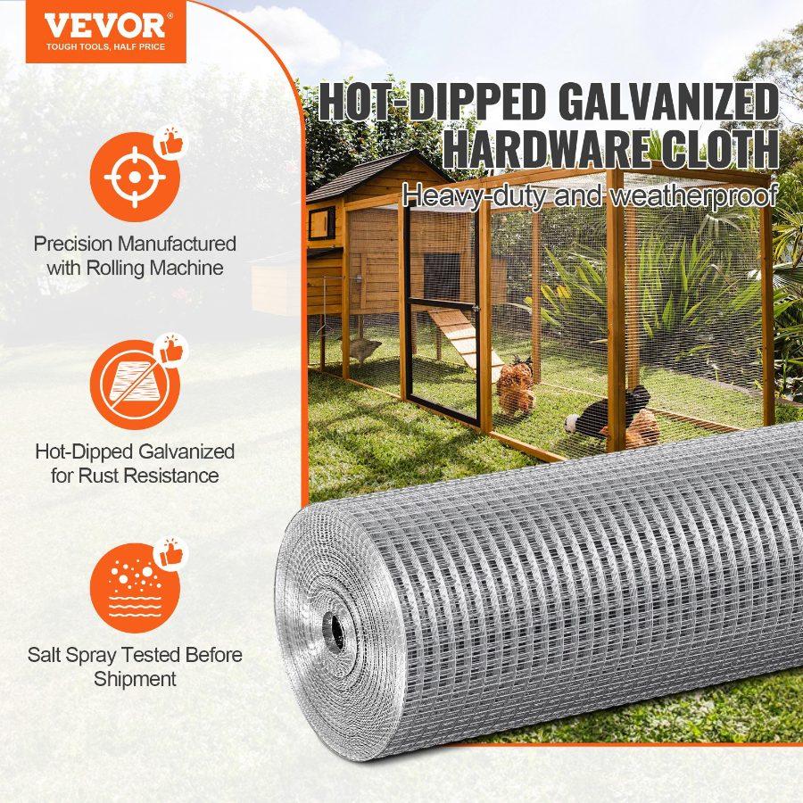 VEVOR Hardware Cloth, 1/2 inch 36inx 100 ft 19 Gauge, Hot Dipped Galvanized Wire Mesh Roll, Chicken Wire Fencing, Wire Mesh for Rabbit Cages, Garden, Small Rodents