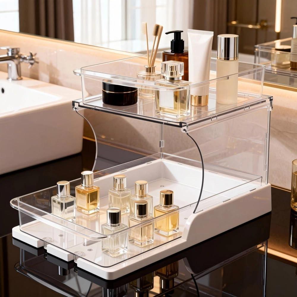 Double Layer Pull-Out Cabinet Organizer, Rotating Sliding Drawer Storage Rack, Kitchen and Bathroom Use, Under Cabinet Storage Shelf