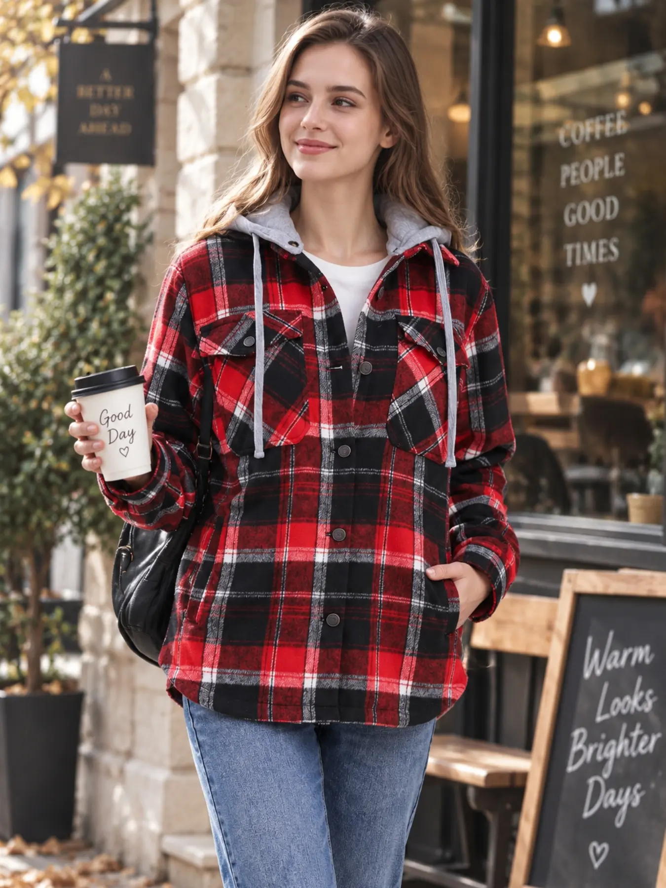 Women's Long Sleeve Plaid Shirt, Casual Button Down Flannel Hoodie Jacket, Wool Blend Fleece Lined Shacket with Pockets