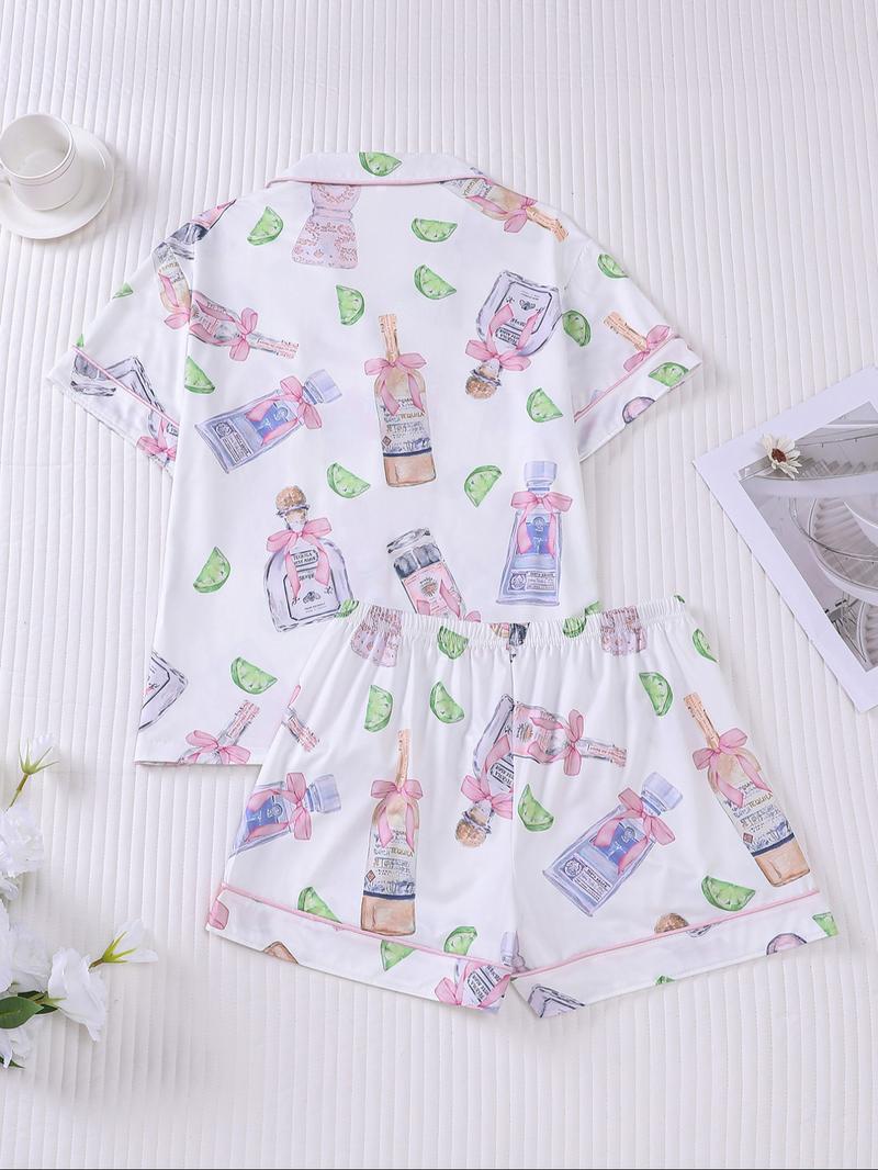 Women's All Over Print Lapel Shirt & Shorts Pajama Two-piece Set, Casual Comfy Short Sleeve Top & Elastic Waist Shorts Set, Ladies Summer Sleepwear, Pjs