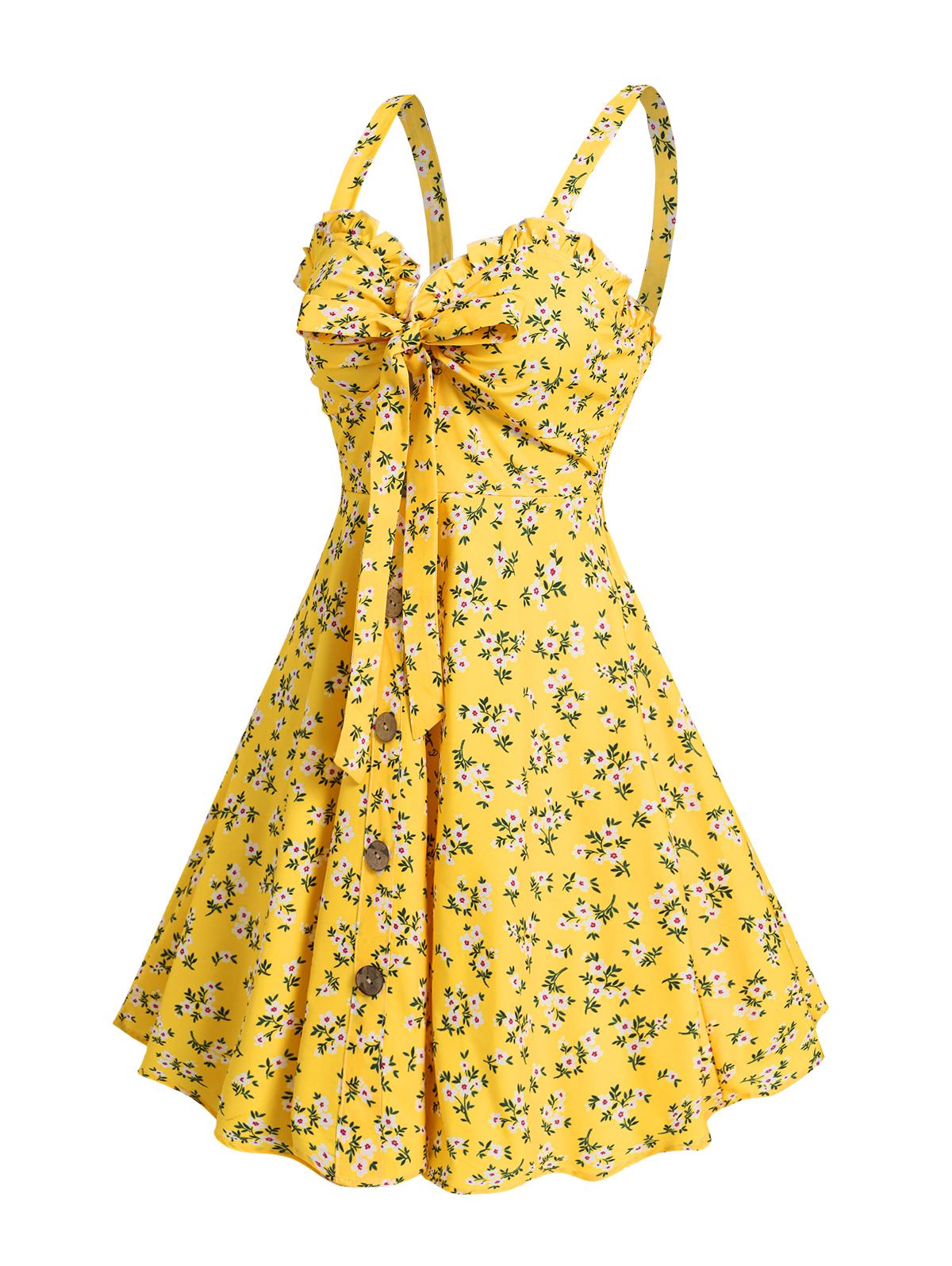 Women's Fashion Summer Dresses 2025 Floral Print Vacation Sundress Garden Party Dress Smock Back Ruffled Bowknot Mini Dress