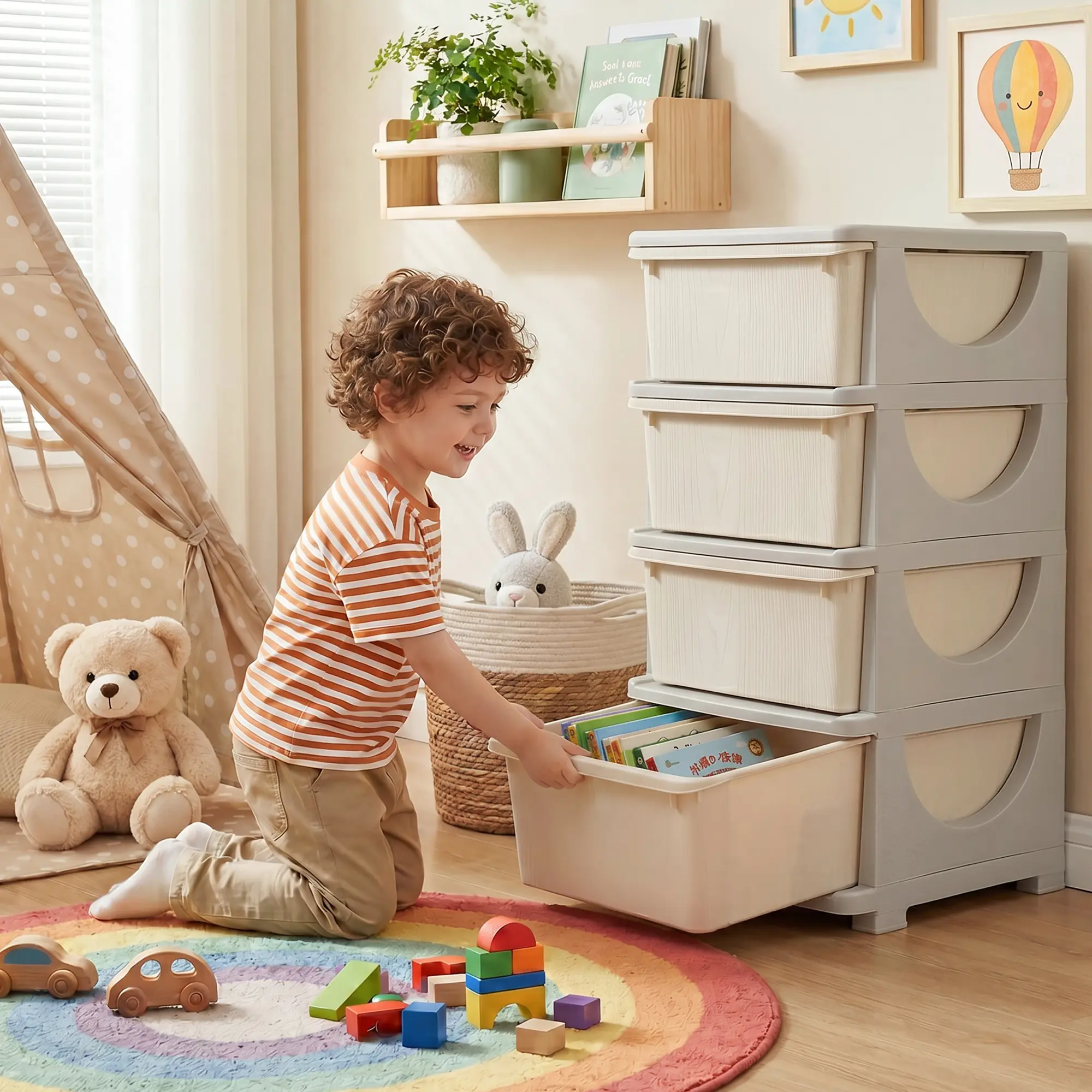 4-Tier Storage Drawer Cabinet, Toy & Book Storage Organizer for Bedroom, Playroom & Nursery | Freestanding Toy Cabinet for Toys, Books, Clothes & Craft Supplies