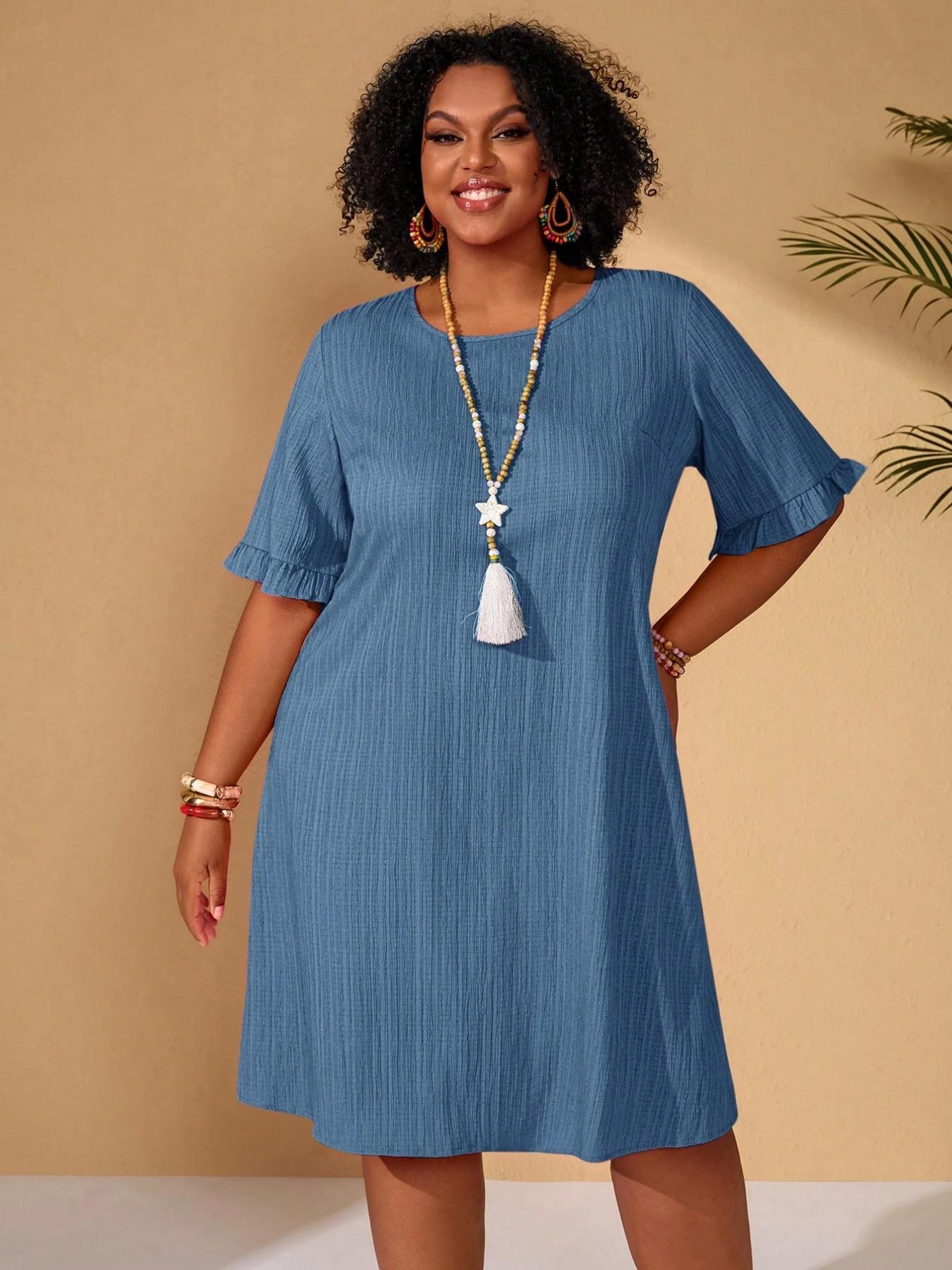 Plus Size Women's Round Neck Solid Everyday Dress, Textured Vertical Stripe Ruffled Sleeve Loose Feminine Casual Boho Elegant Skirt, Ideal for Daily Home and Outing Wear