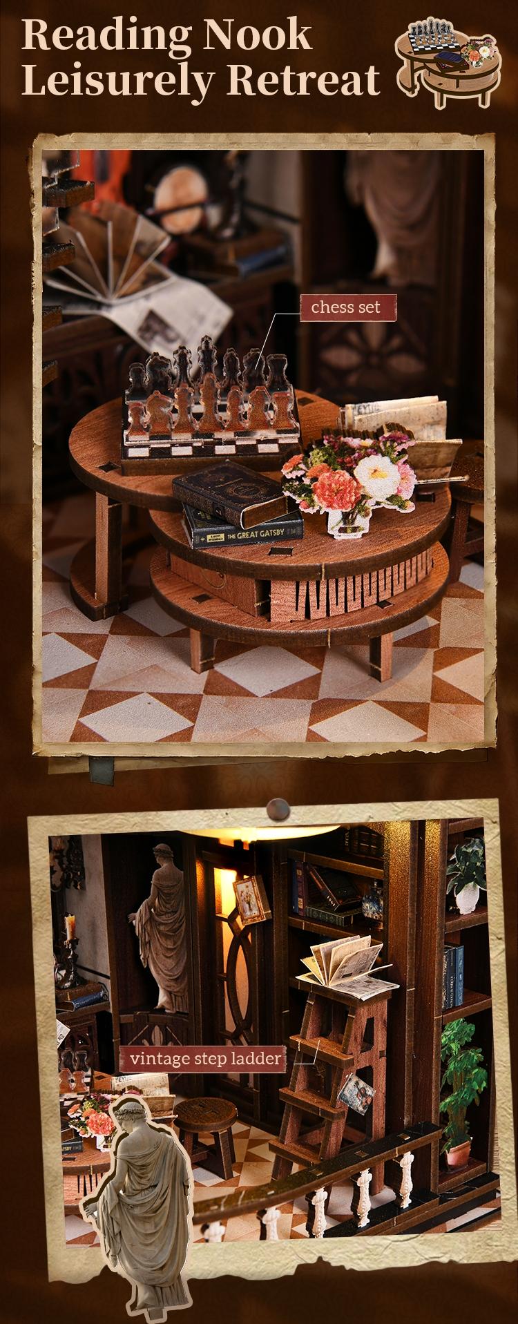 【Bacchus Bookstore】Wooden Book Nook DIY Model Kit for Adults Vintage Abstract Renaissance Style Hand-Assembled Booklet Toy House 3D Puzzle Wooden Shelf Decoration,Miniature Dollhouse Kit Victorian Style Wooden Dollhouse Birthday Gift