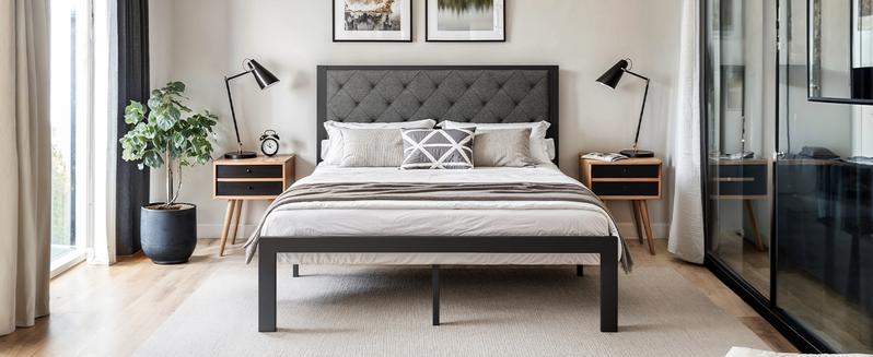 HOOMIC Twin/Full/Queen/King Upholstered Metal Bed Frame - 【Frame Only No Mattress】Finely Stitched Headboard in Faux Leather/Linen, Robust Noise-Free Design, Black/Dark Grey, #TikTokShopBacktoSchool HOOMIC Twin/Full/Queen/King Upholstered Metal Bed Frame - 【Frame Only No Mattress】Finely Stitched Headboard in Faux Leather/Linen, Robust Noise-Free Design, Black/Dark Grey, #TikTokShopBacktoSchool