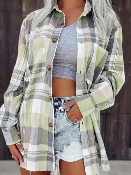 Color Block Plaid Collared Shirt Jacket, Wide Loose Casual Shirt for Everyday Wear, Versatile Layering Top for Women