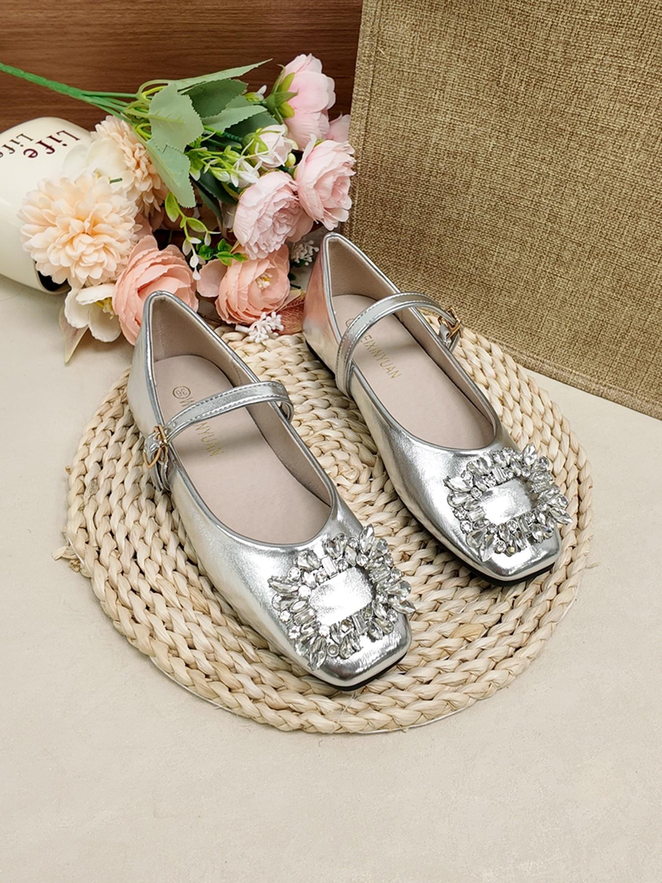 French Square Toe Mary Jane Shoes, Rhinestone Buckle Strap Flat Shoes, Soft Sole Casual Women's Shoes for Office and Dating