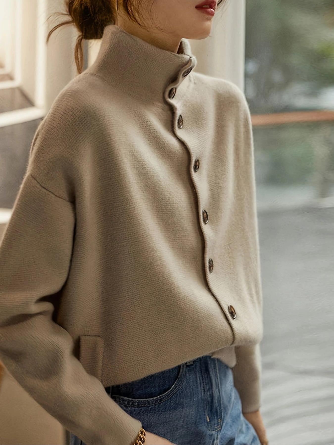 New Fine Knit Stand Collar Button Cardigan, Minimalist Plain Design, Loose-Fitting Fall & Winter Outerwear, Versatile Autumn Coat, Knitwear